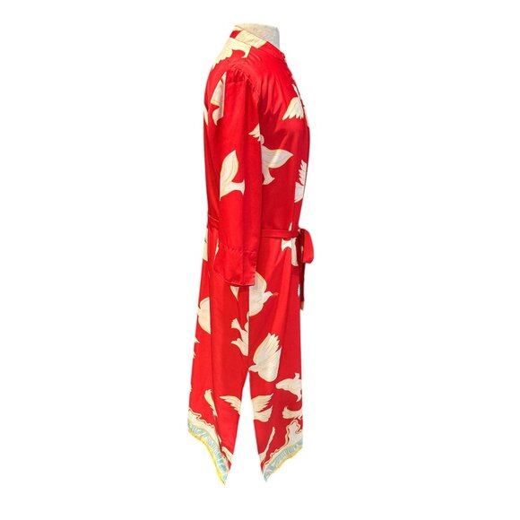 Red Long-Sleeve Bird Print Maxi Dress By Modaposa Button-Front With Tie Waist Wo - Picture 4 of 10